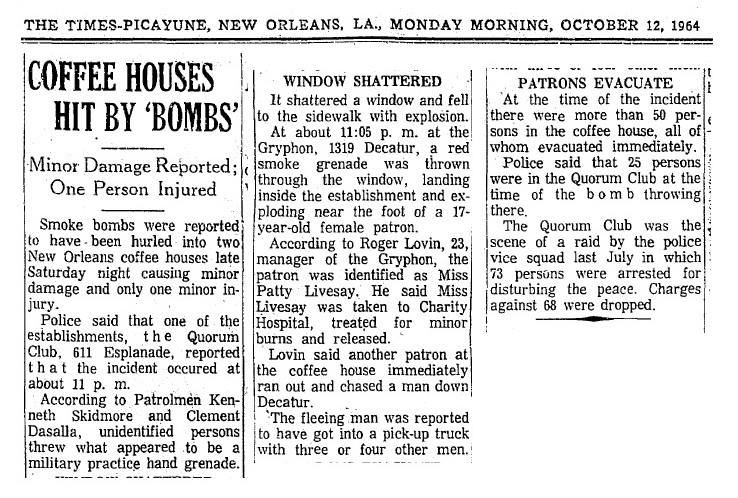 Oct 12, 1964 The Times-Picayune article about the smoke bomb caper.