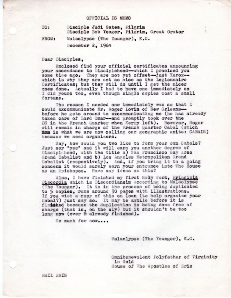 December 2, 1964 letter from Greg Hill to Judy Gates and Bob Yeager.